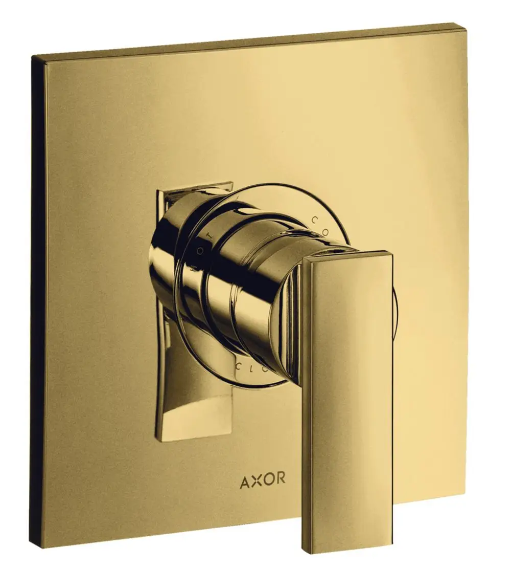 Wandmontierter Einhebelmischer in glänzendem Gold-Finish mit einem Hebelgriff, hergestellt von AXOR. Das Design ist quadratisch mit klaren Linien.